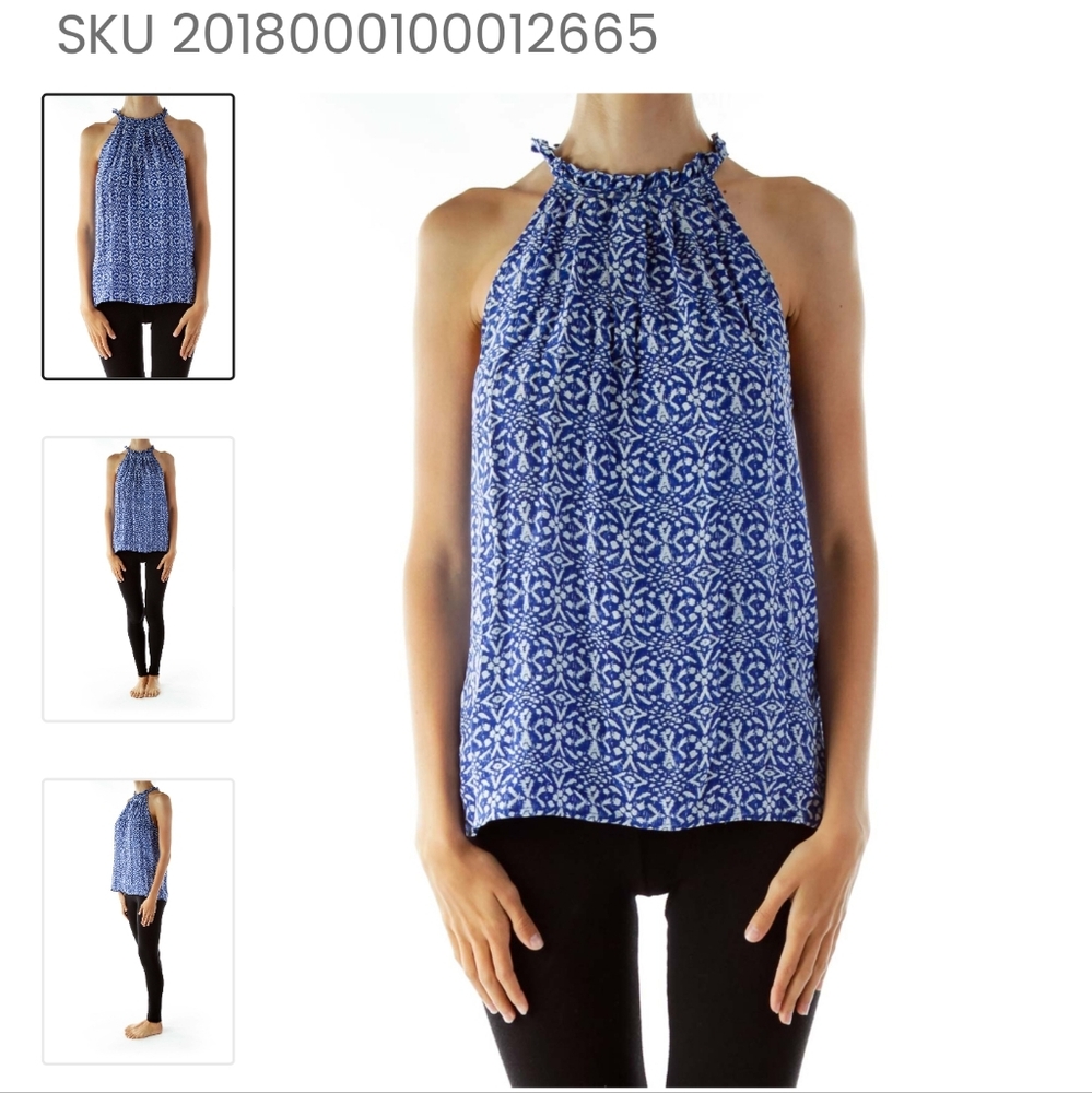NWOT   BLUE & WHITE 100% SILK SLEEVELESS BLOUSE BY CYNTHIA ROWLEY - SIZE…